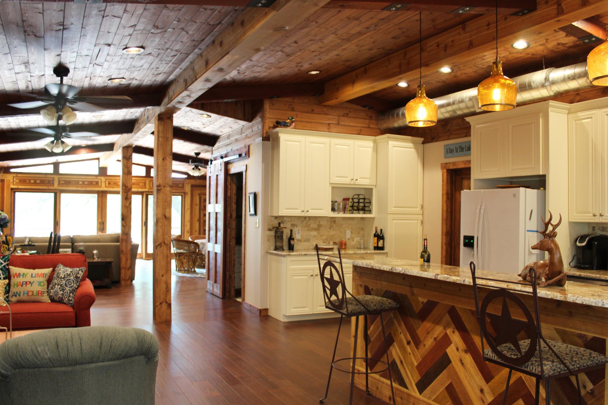 new cabinets, wood floor, ceilings